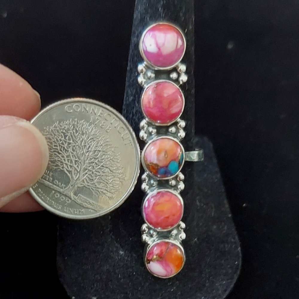 Beautiful Kingman Dalia Sterling Silver Long 5 Stone Adjustable Ring 5-8 - Picture 5 of 9